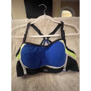 Victoria's Secret Sports Bra Blue Lime Racer Back Women's Size 34D Strappy